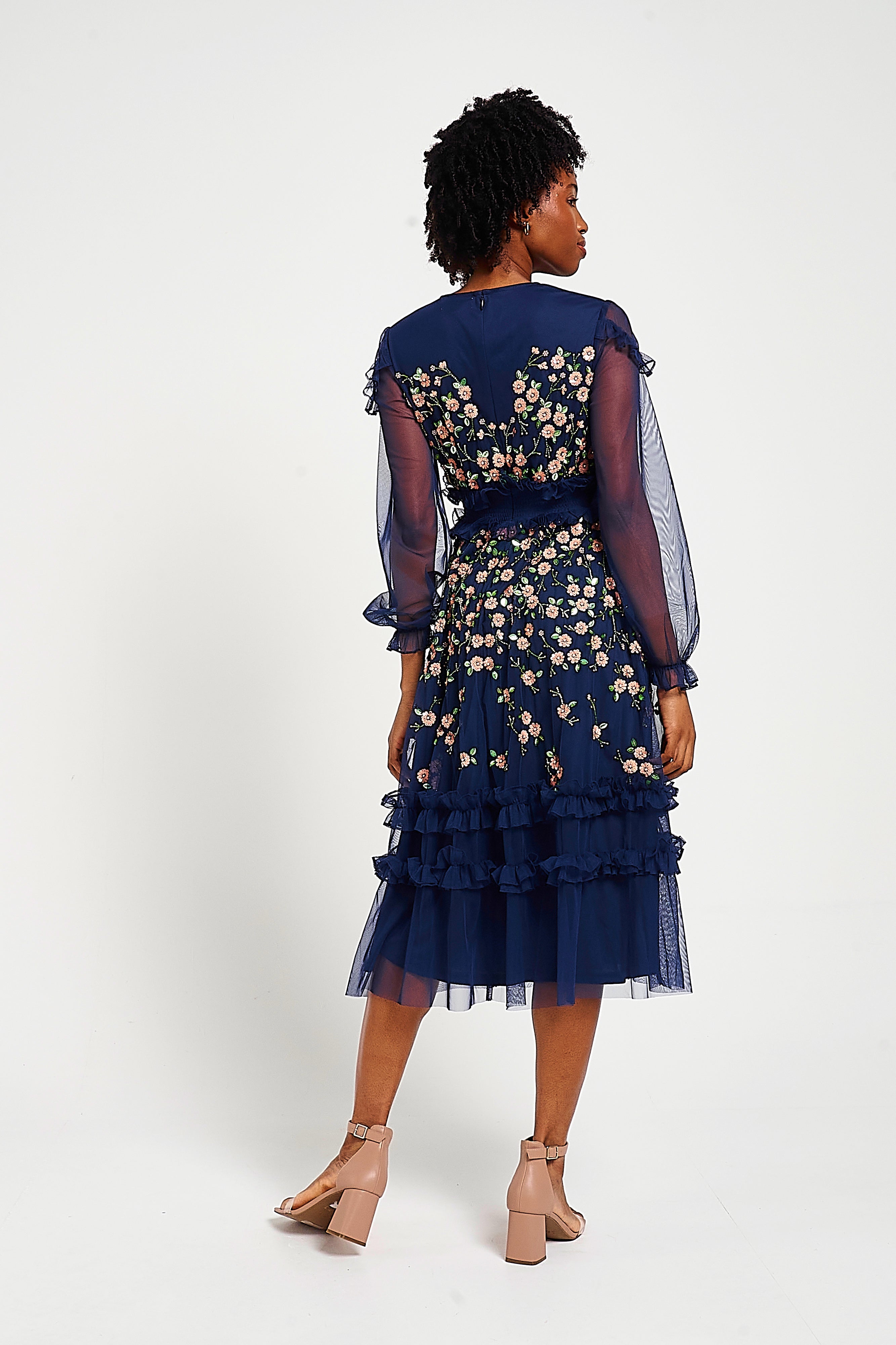 Frock & Frill Eloise navy embellished midi dress with elegant detailing