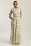 Elowen long sleeve embellished maxi dress by Frock and Frill UK in neutral tones with intricate white beadwork, modest style for weddings and formal occasions.