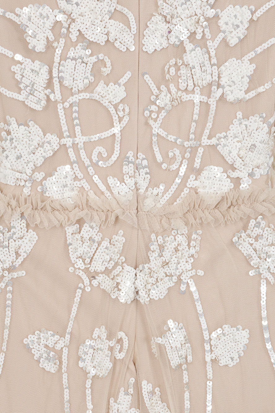 Elowen long sleeve embellished maxi dress by Frock and Frill UK in neutral tones with intricate white beadwork, modest style for weddings and formal occasions.