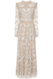 Elowen long sleeve embellished maxi dress by Frock and Frill UK in neutral tones with intricate white beadwork, modest style for weddings and formal occasions.