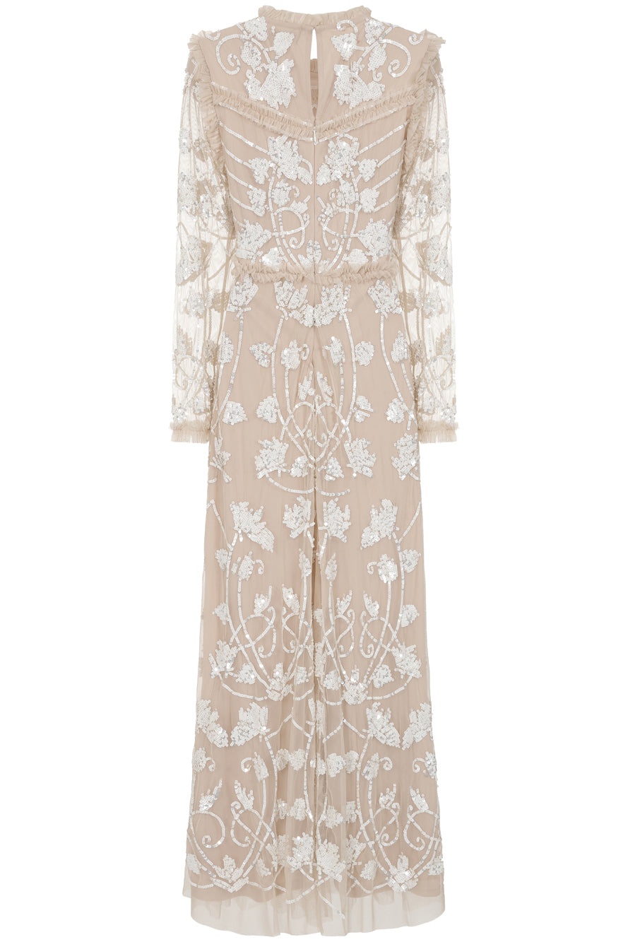 Elowen long sleeve embellished maxi dress by Frock and Frill UK in neutral tones with intricate white beadwork, modest style for weddings and formal occasions.