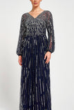 Elvina navy embellished maxi dress with cascading beadwork, V neckline and long sleeves designed for elegant wedding guest and occasion wear styling