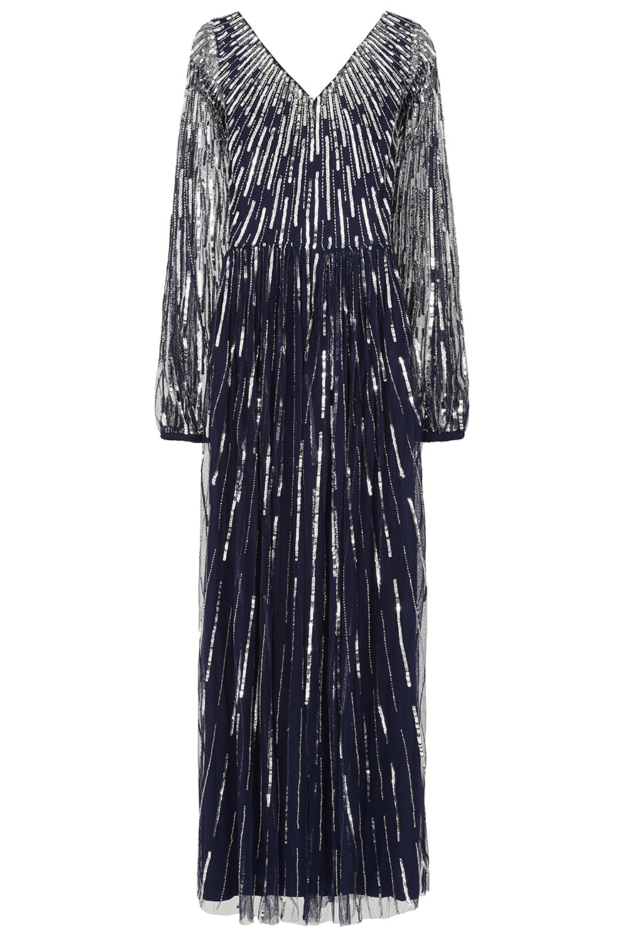 Elvina navy embellished maxi dress with cascading beadwork, V neckline and long sleeves designed for elegant wedding guest and occasion wear styling