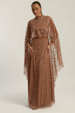 Elysia cape sleeve maxi dress with sequins and flowing silhouette for weddings and formal events.