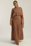 Elysia cape sleeve maxi dress with sequins and flowing silhouette for weddings and formal events.