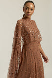 Elysia cape sleeve maxi dress with sequins and flowing silhouette for weddings and formal events.