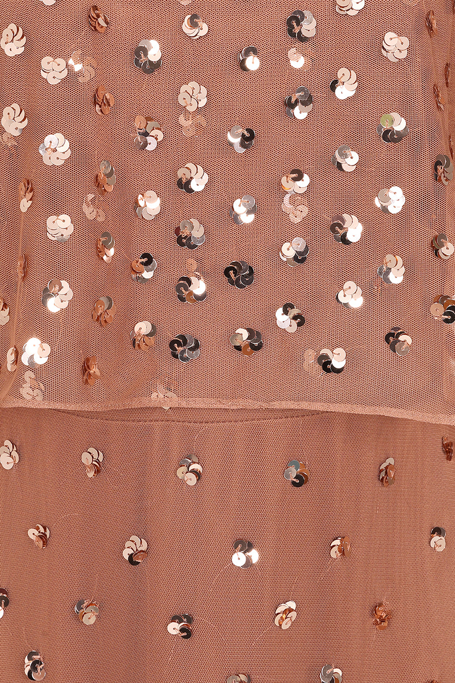 Elysia cape sleeve maxi dress with sequins and flowing silhouette for weddings and formal events.