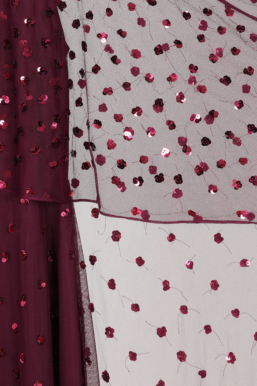 Elysia Purple Cape Dress with flowing floor-length silhouette, subtle sequin embellishments, and elegant cape overlay for weddings and evening occasions