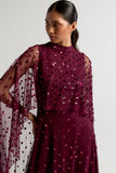 Elysia Purple Cape Dress with flowing floor-length silhouette, subtle sequin embellishments, and elegant cape overlay for weddings and evening occasions