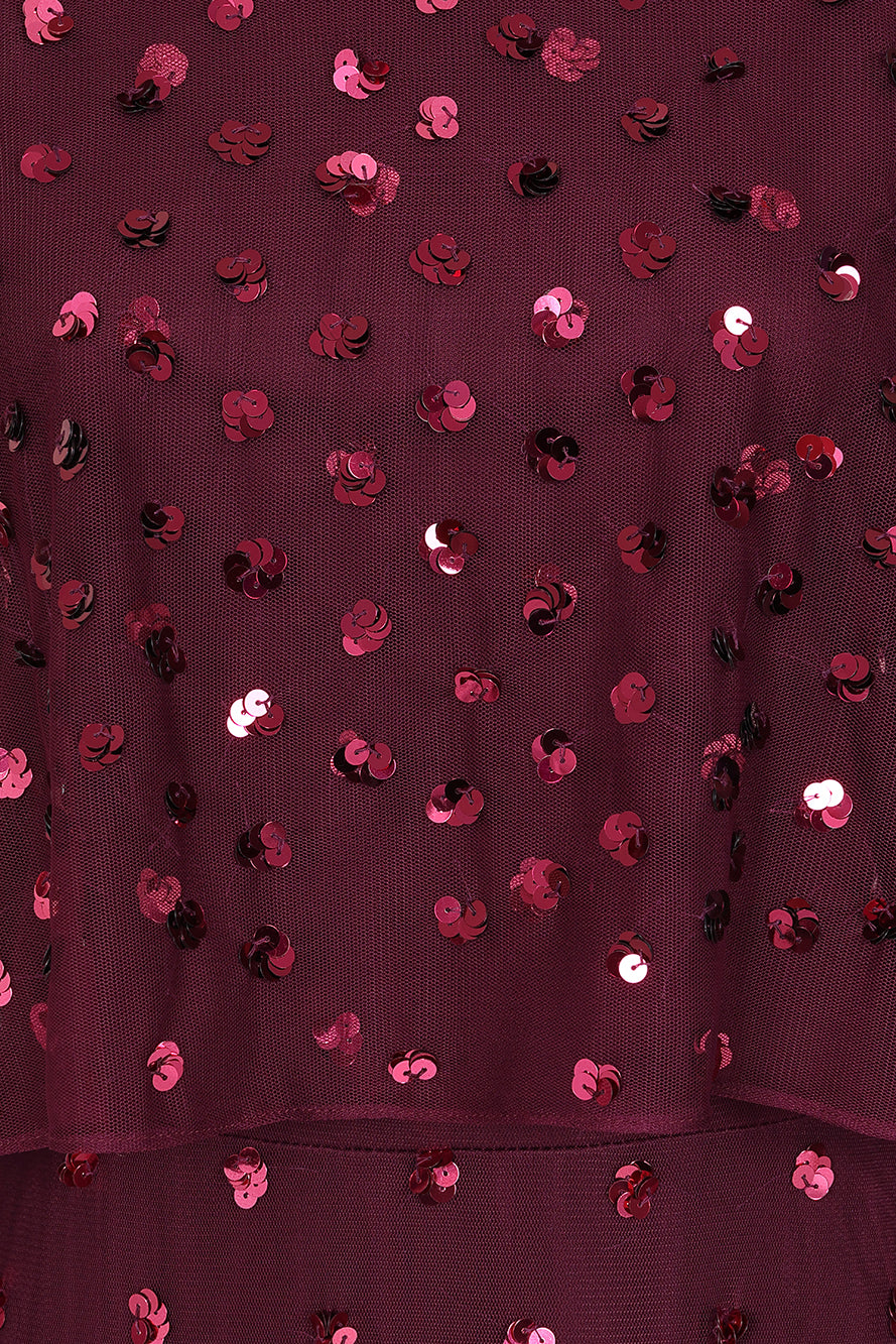 Elysia Purple Cape Dress with flowing floor-length silhouette, subtle sequin embellishments, and elegant cape overlay for weddings and evening occasions