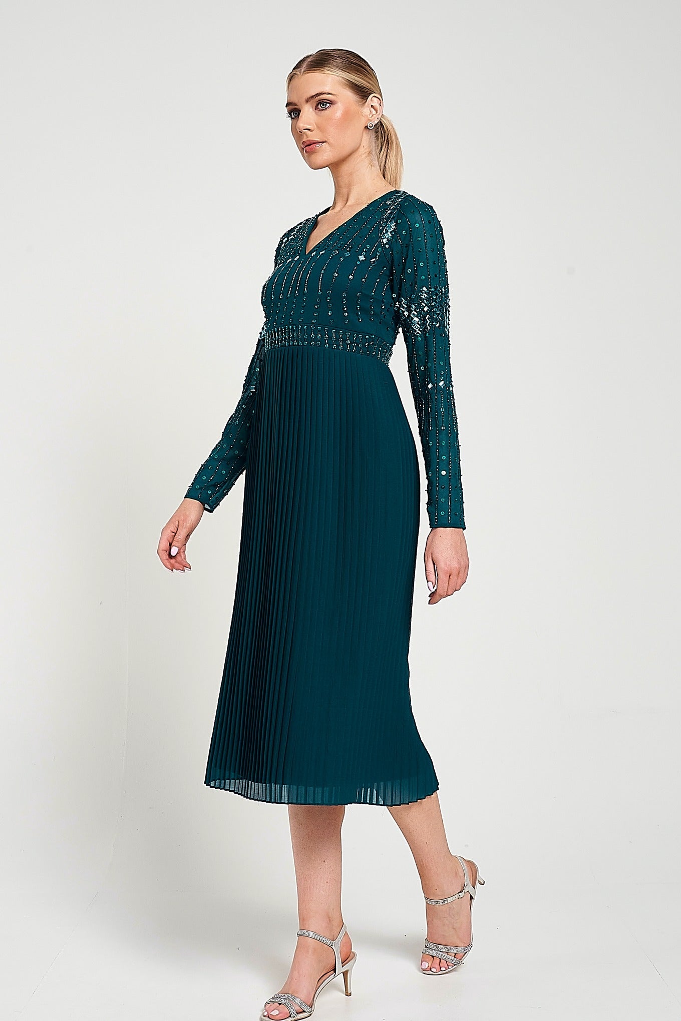 Elzina Storm Green Embellished Midi Dress