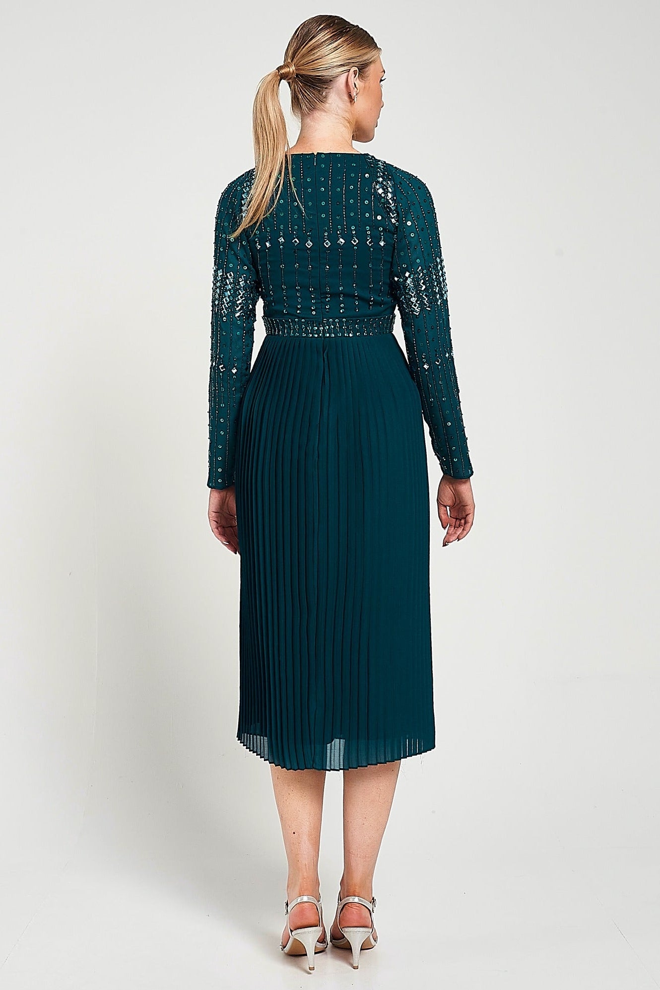 Elzina storm green embellished midi dress with V neckline, long sleeves, embellished bodice and pleated skirt designed for elegant occasion wear styling