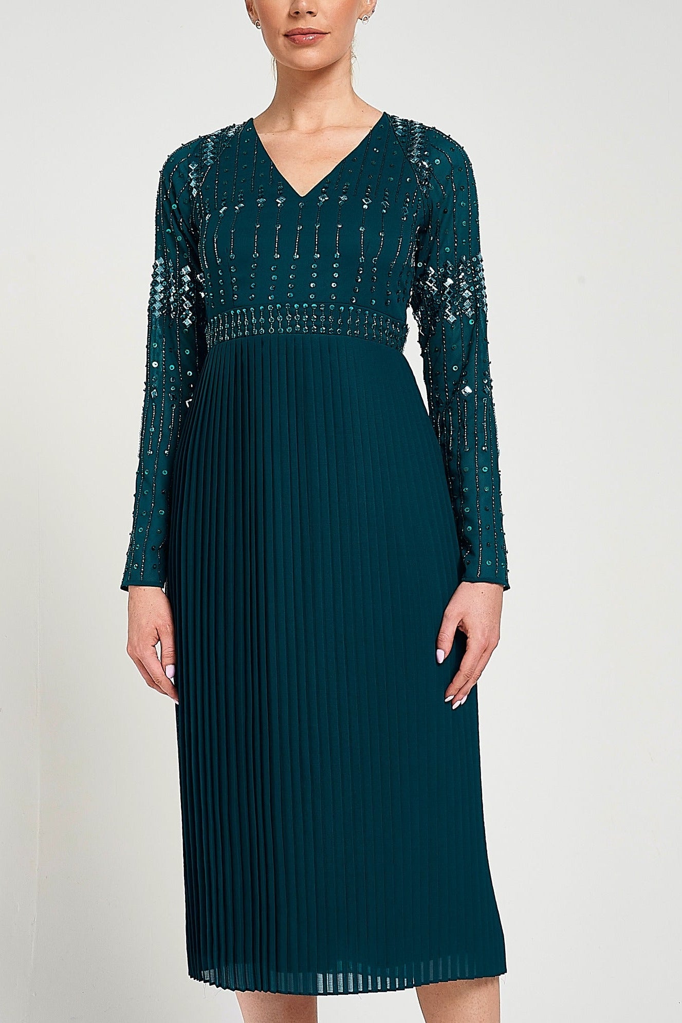 Elzina storm green embellished midi dress with V neckline, long sleeves, embellished bodice and pleated skirt designed for elegant occasion wear styling