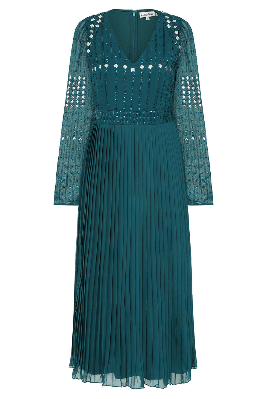 Elzina storm green embellished midi dress with V neckline, long sleeves, embellished bodice and pleated skirt designed for elegant occasion wear styling