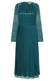 Elzina storm green embellished midi dress with V neckline, long sleeves, embellished bodice and pleated skirt designed for elegant occasion wear styling