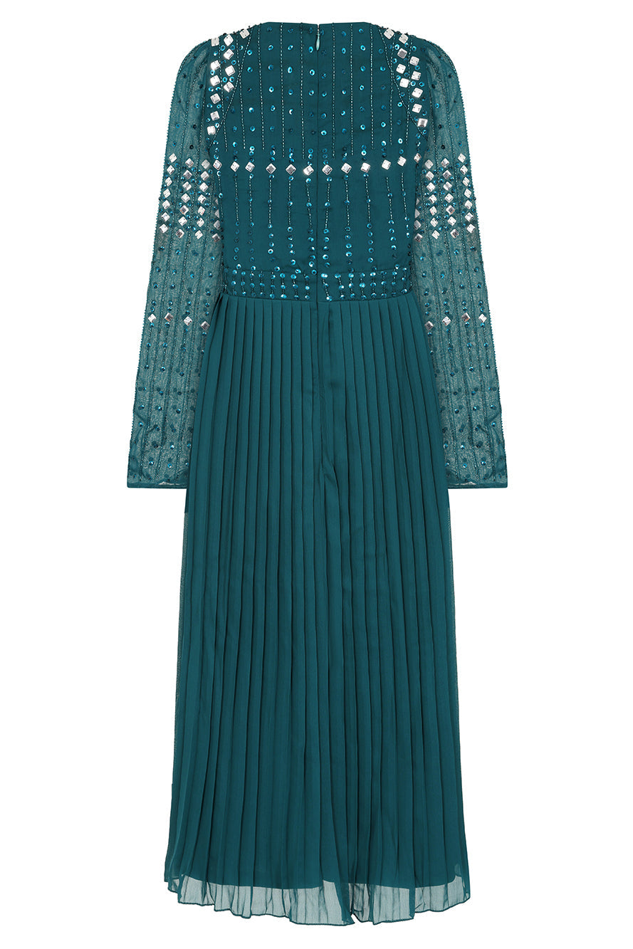 Elzina storm green embellished midi dress with V neckline, long sleeves, embellished bodice and pleated skirt designed for elegant occasion wear styling