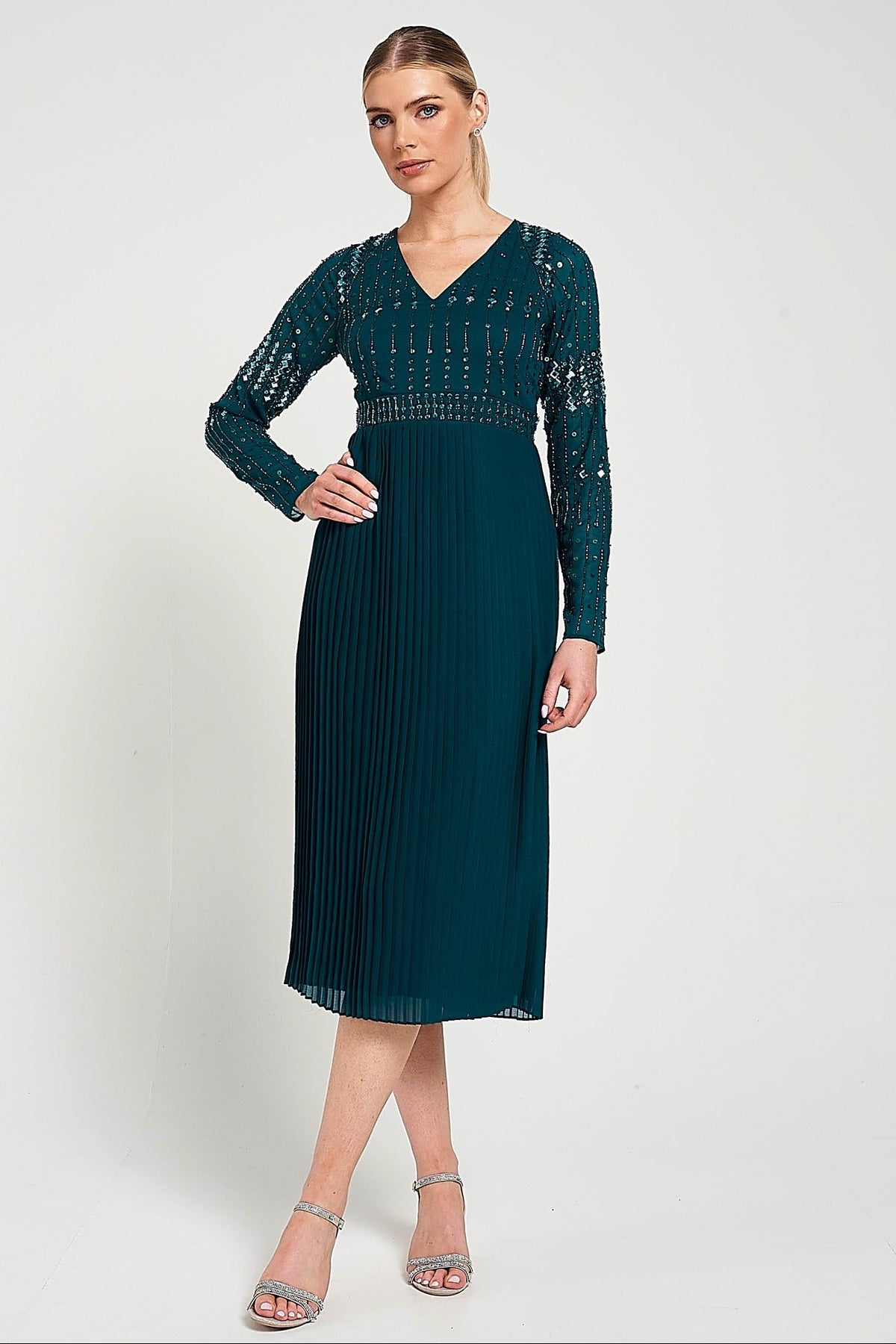 Elzina storm green embellished midi dress with V neckline, long sleeves, embellished bodice and pleated skirt designed for elegant occasion wear styling