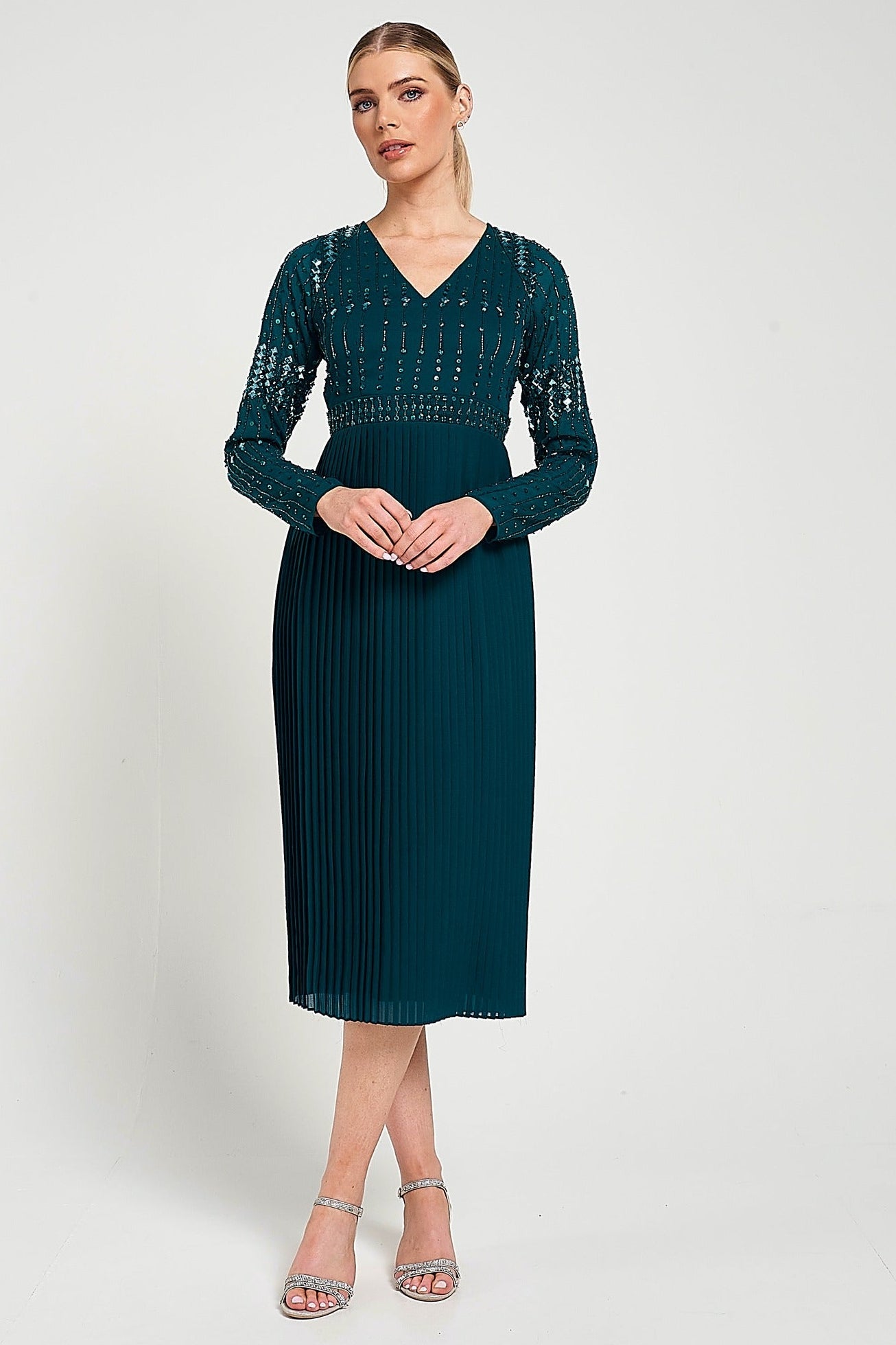 Elzina storm green embellished midi dress with V neckline, long sleeves, embellished bodice and pleated skirt designed for elegant occasion wear styling
