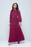 Emilia purple floral embellished long sleeve maxi dress with fitted bodice and flowing skirt, designed for elegant modest occasion wear.