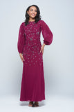 Emilia purple floral embellished long sleeve maxi dress with fitted bodice and flowing skirt, designed for elegant modest occasion wear.