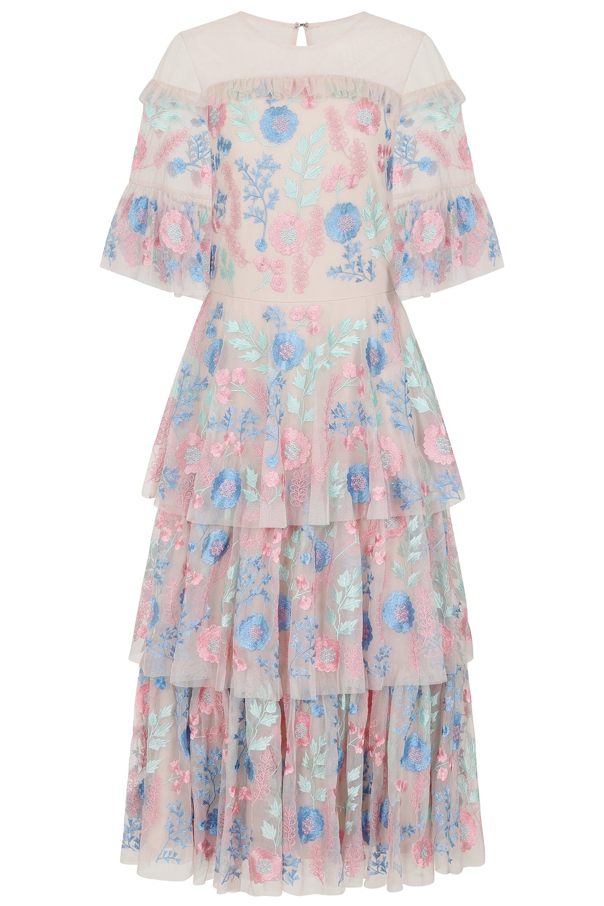 Erica Floral Embroidered Tiered Midi Dress - Nude