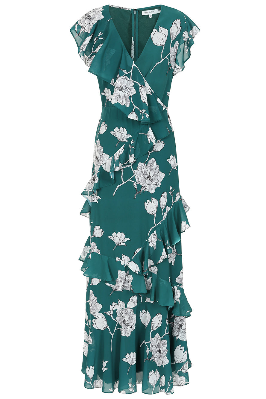 Esme green floral print frill detail maxi dress by Frock and Frill with v neckline and sleeveless design for lightweight summer and occasion wear styling