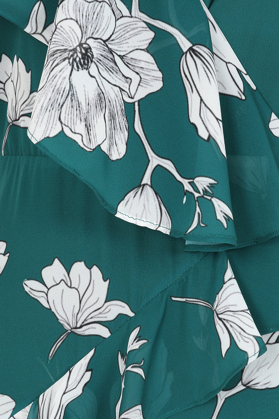 Esme green floral print frill detail maxi dress by Frock and Frill with v neckline and sleeveless design for lightweight summer and occasion wear styling