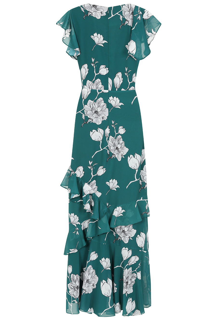 Esme green floral print frill detail maxi dress by Frock and Frill with v neckline and sleeveless design for lightweight summer and occasion wear styling