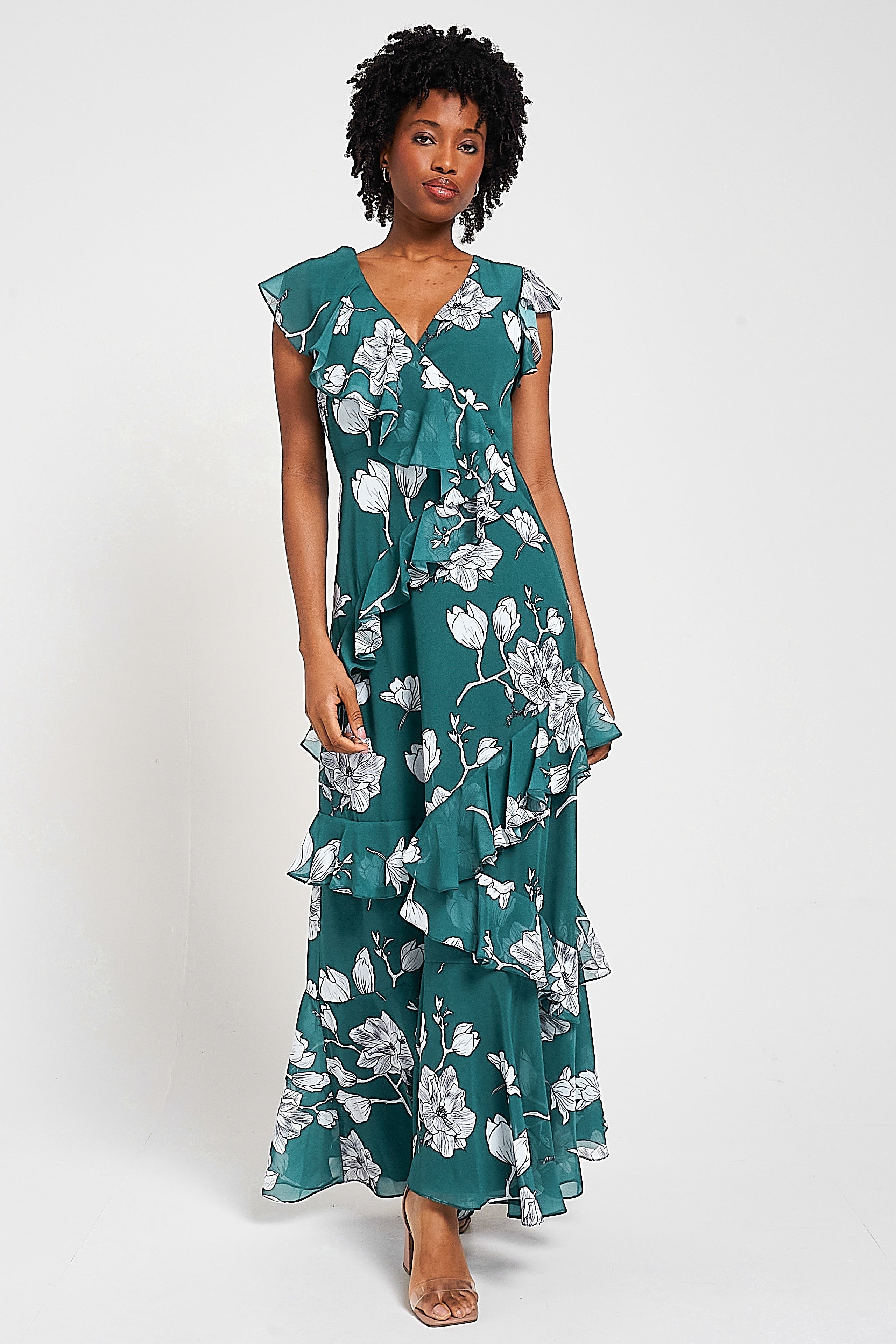 Esme green floral print frill detail maxi dress by Frock and Frill with v neckline and sleeveless design for lightweight summer and occasion wear styling