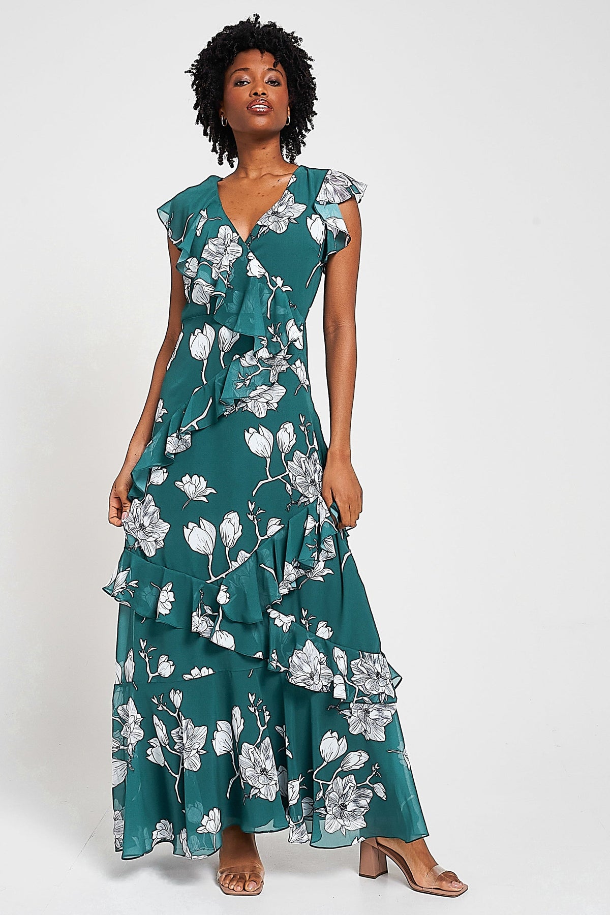 Esme green floral print frill detail maxi dress by Frock and Frill with v neckline and sleeveless design for lightweight summer and occasion wear styling