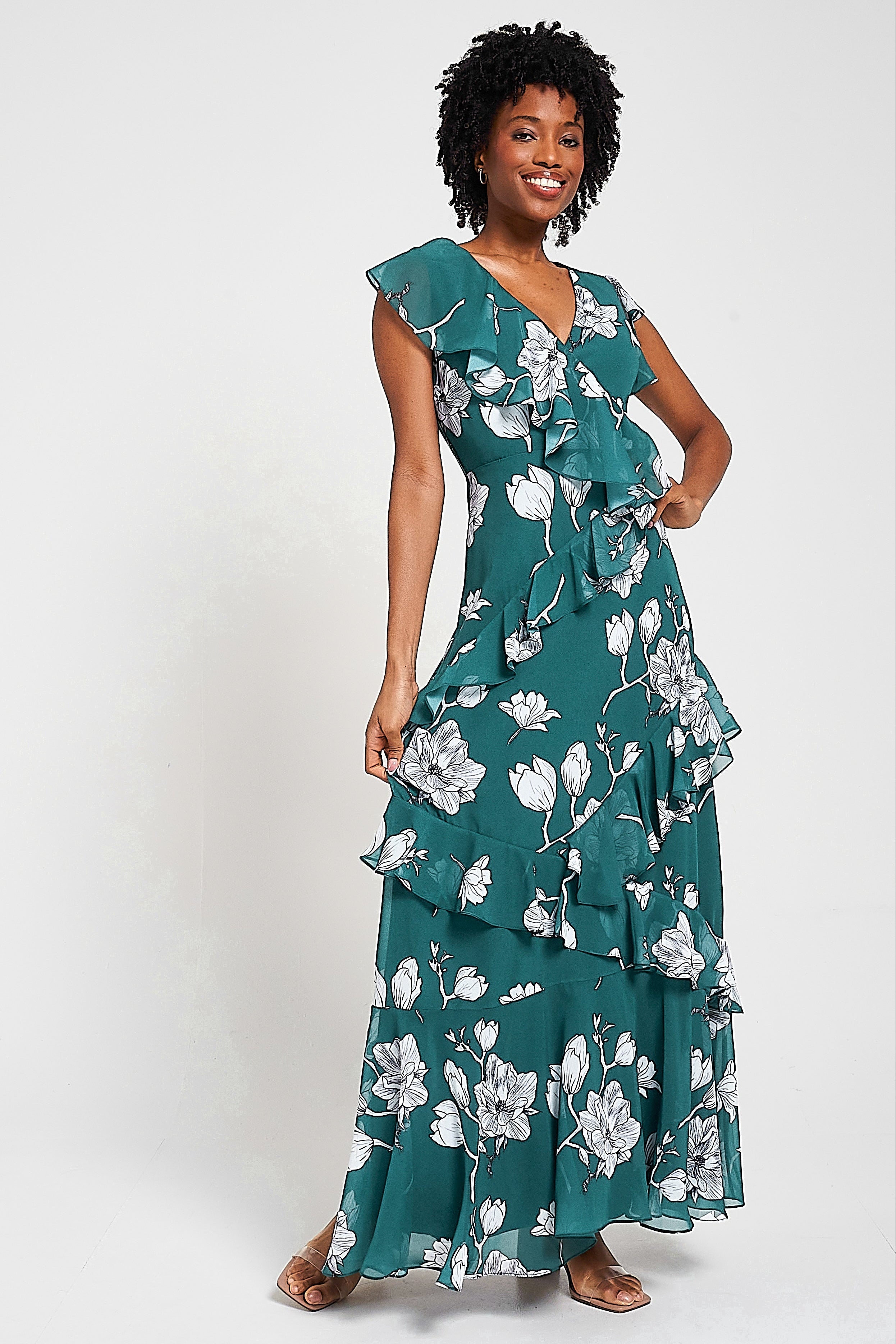 Esme green floral print frill detail maxi dress by Frock and Frill with v neckline and sleeveless design for lightweight summer and occasion wear styling
