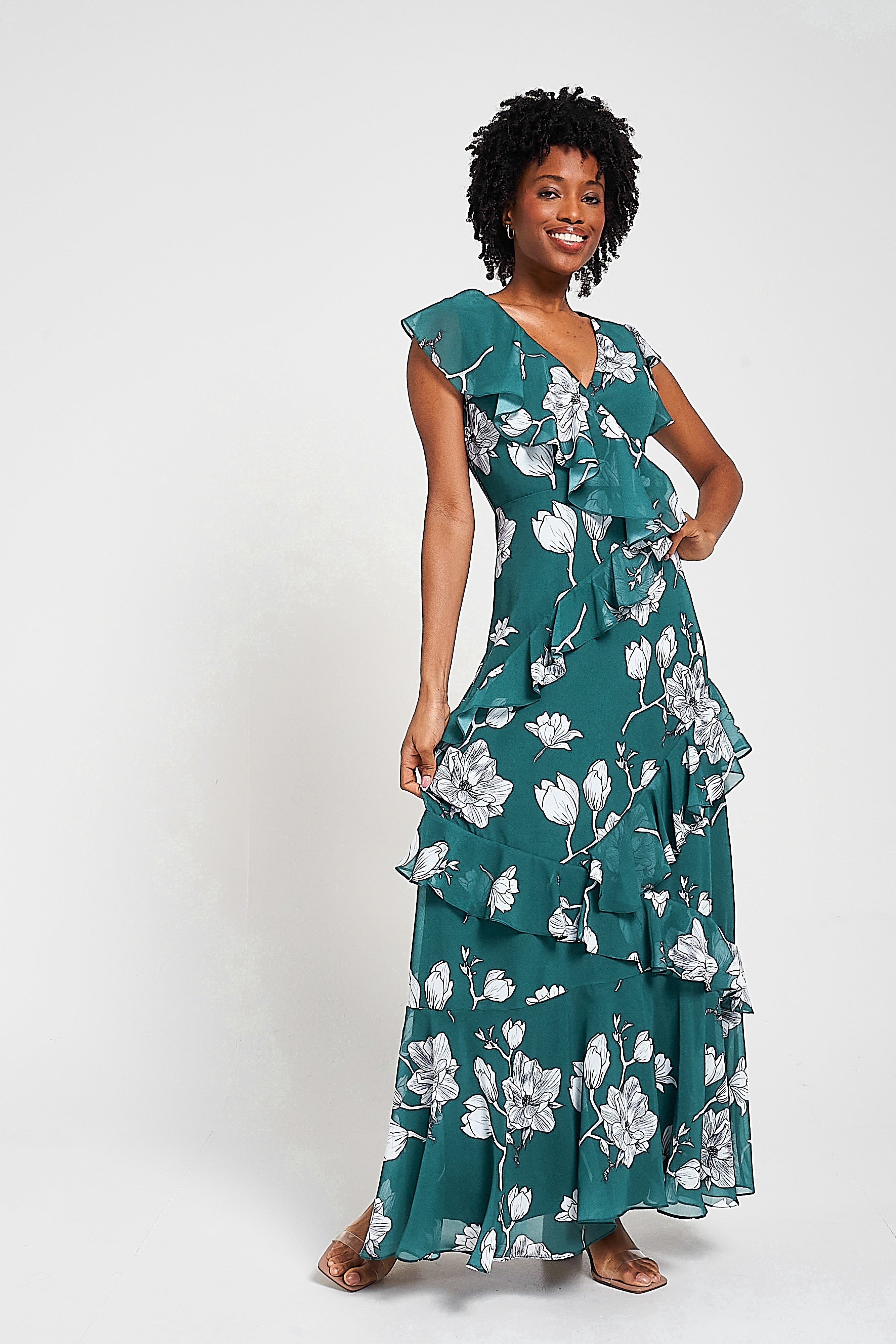 Esme Green Floral Print Frill Detail Maxi Dress