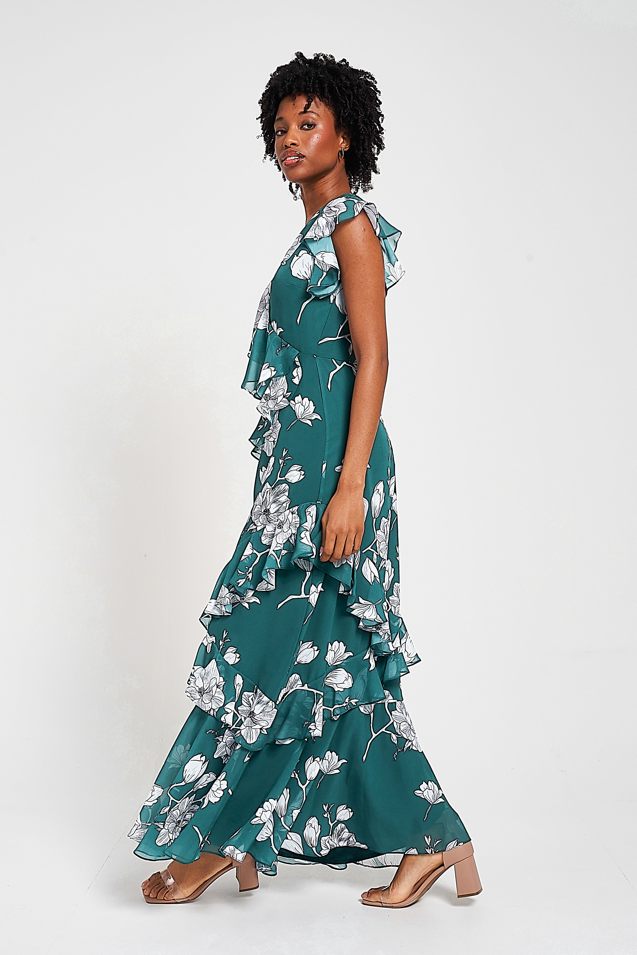 Esme Green Floral Print Frill Detail Maxi Dress