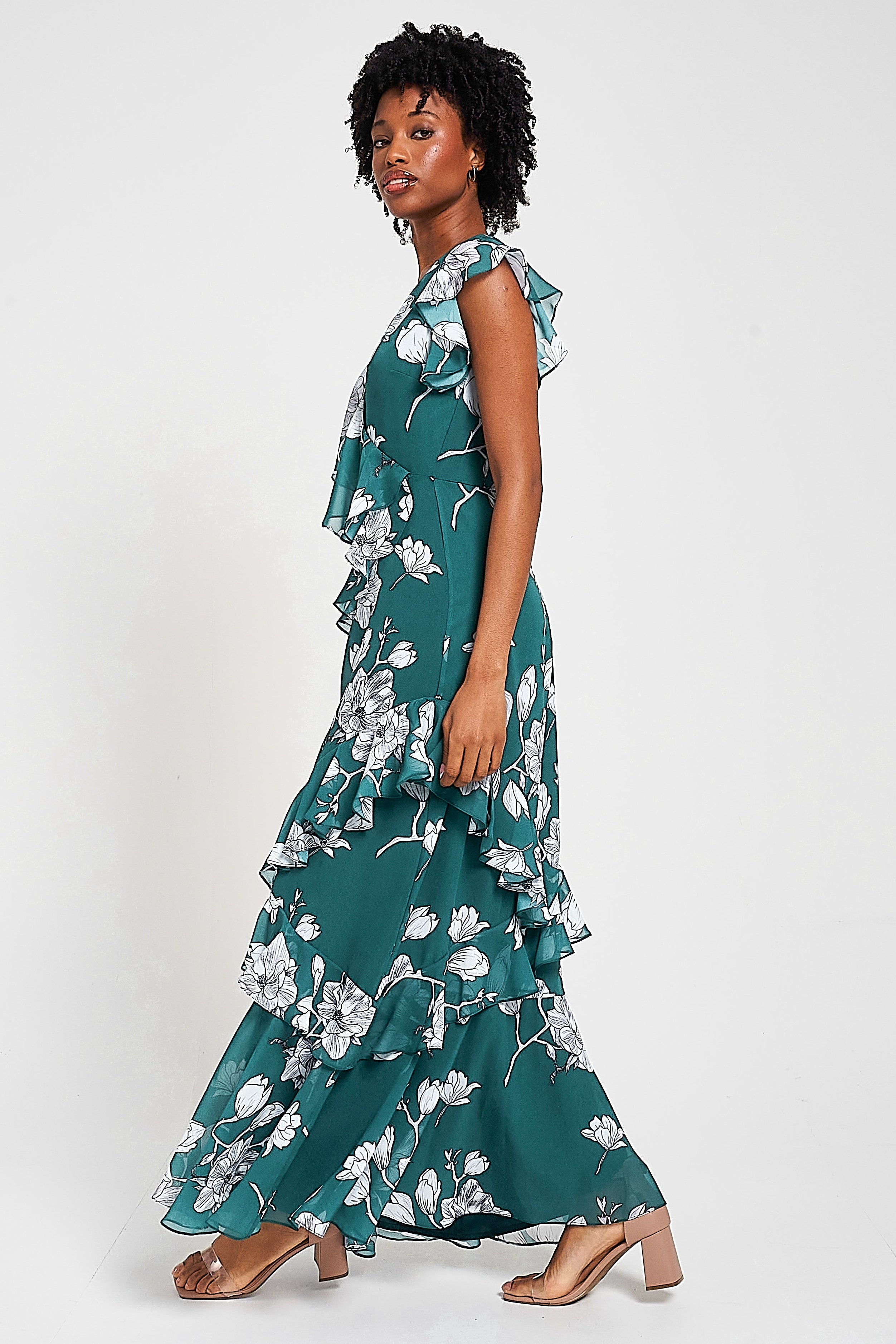 Esme green floral print frill detail maxi dress by Frock and Frill with v neckline and sleeveless design for lightweight summer and occasion wear styling