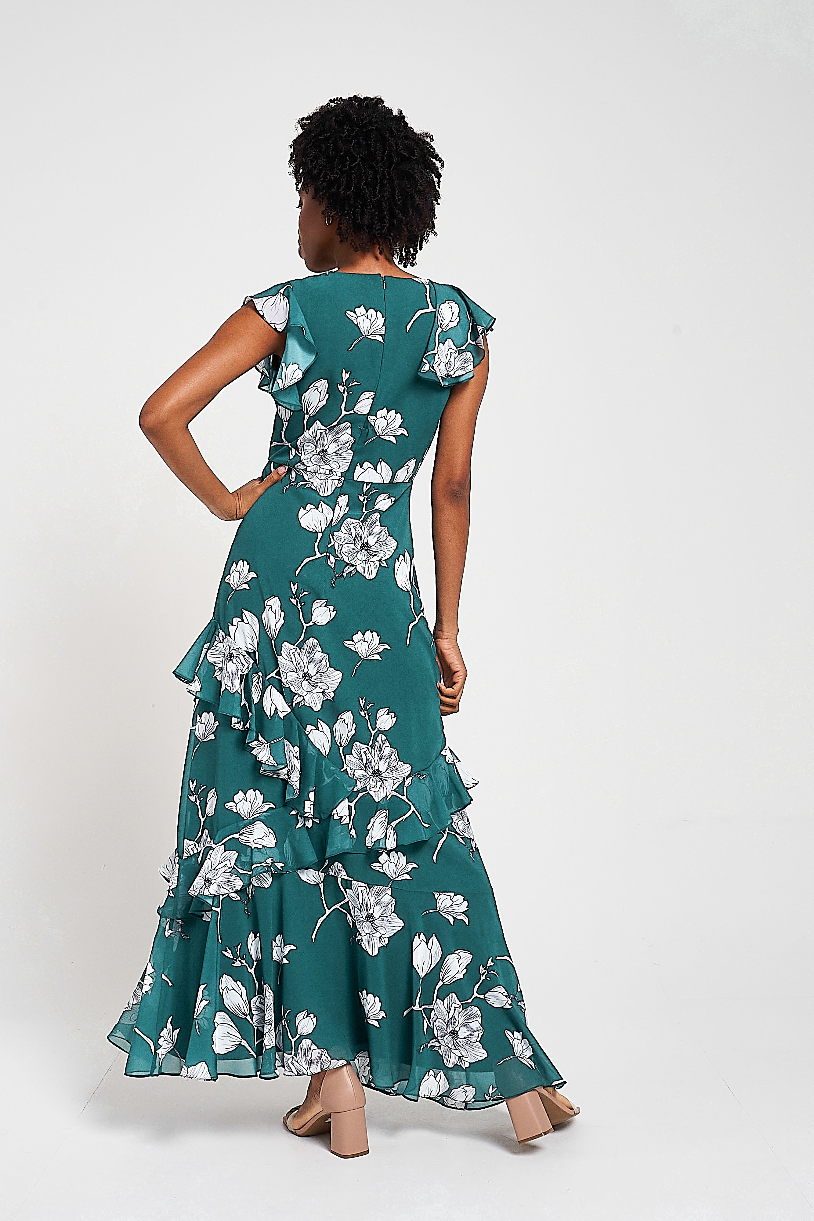 Esme Green Floral Print Frill Detail Maxi Dress