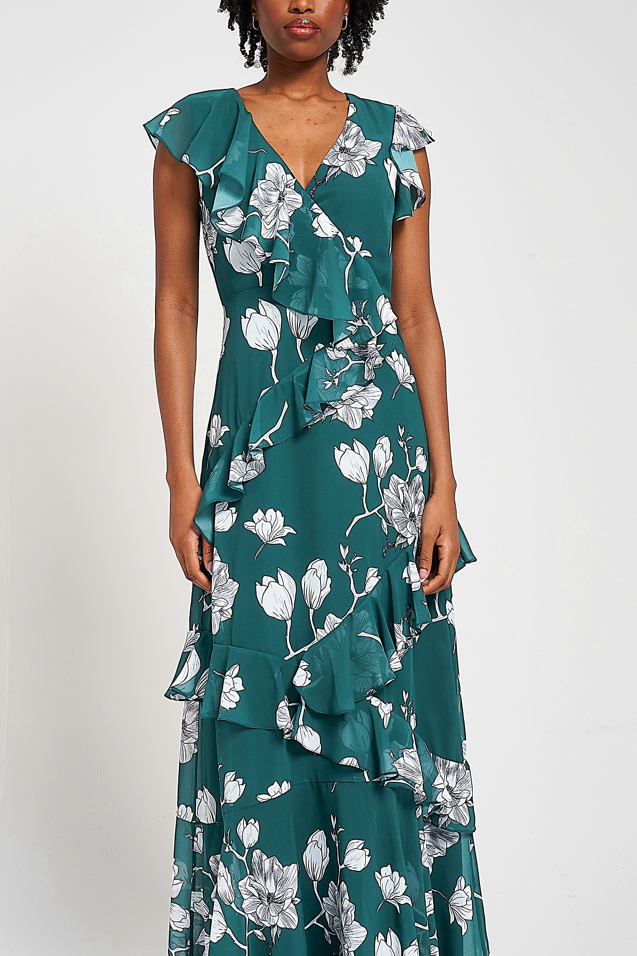 Esme green floral print frill detail maxi dress by Frock and Frill with v neckline and sleeveless design for lightweight summer and occasion wear styling