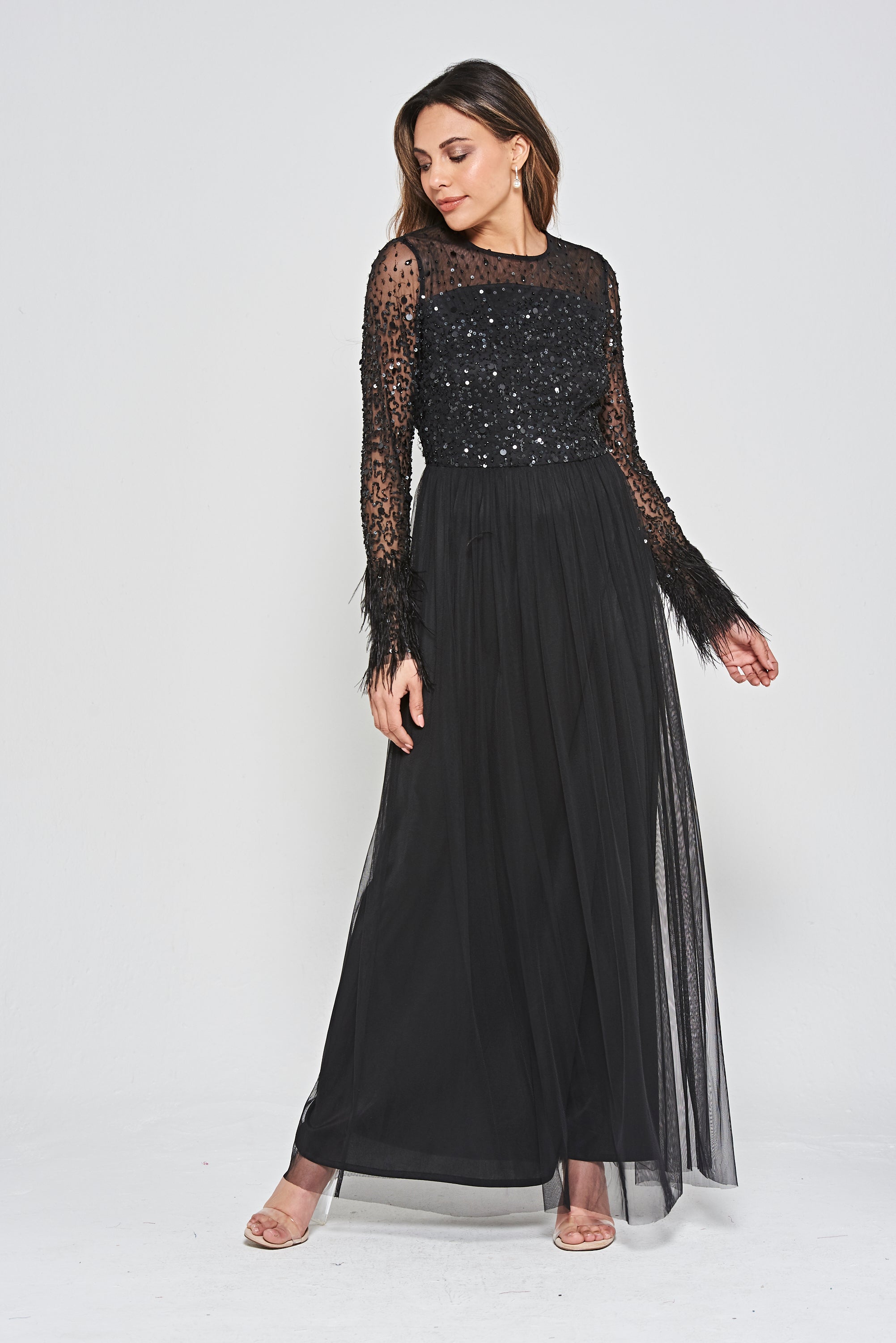 Eva Embellished Maxi Dress with Feather Trim in Black