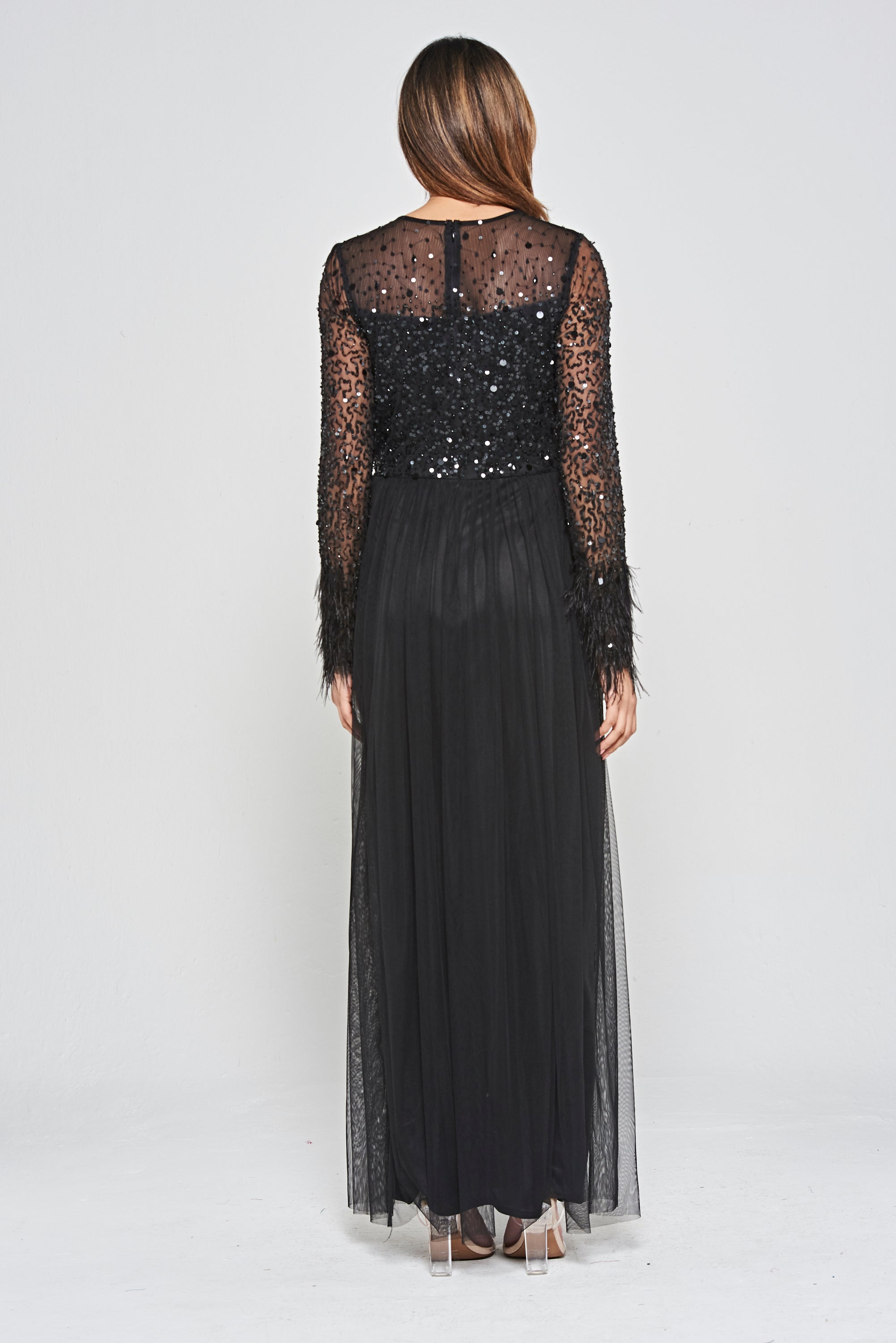 Eva Embellished Maxi Dress with Feather Trim in Black