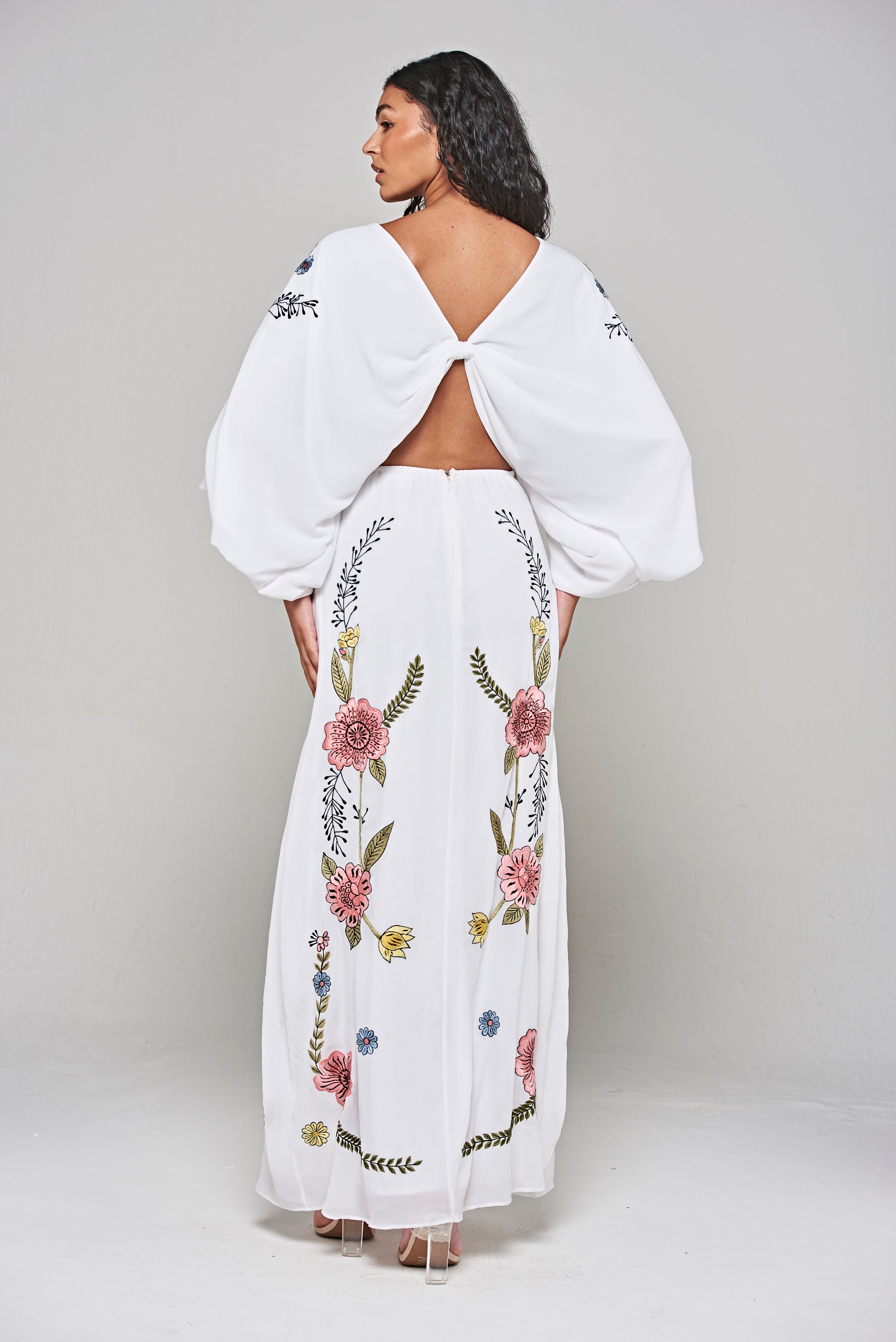 Evanthe White Floral Embroidered Twist Back Maxi Dress