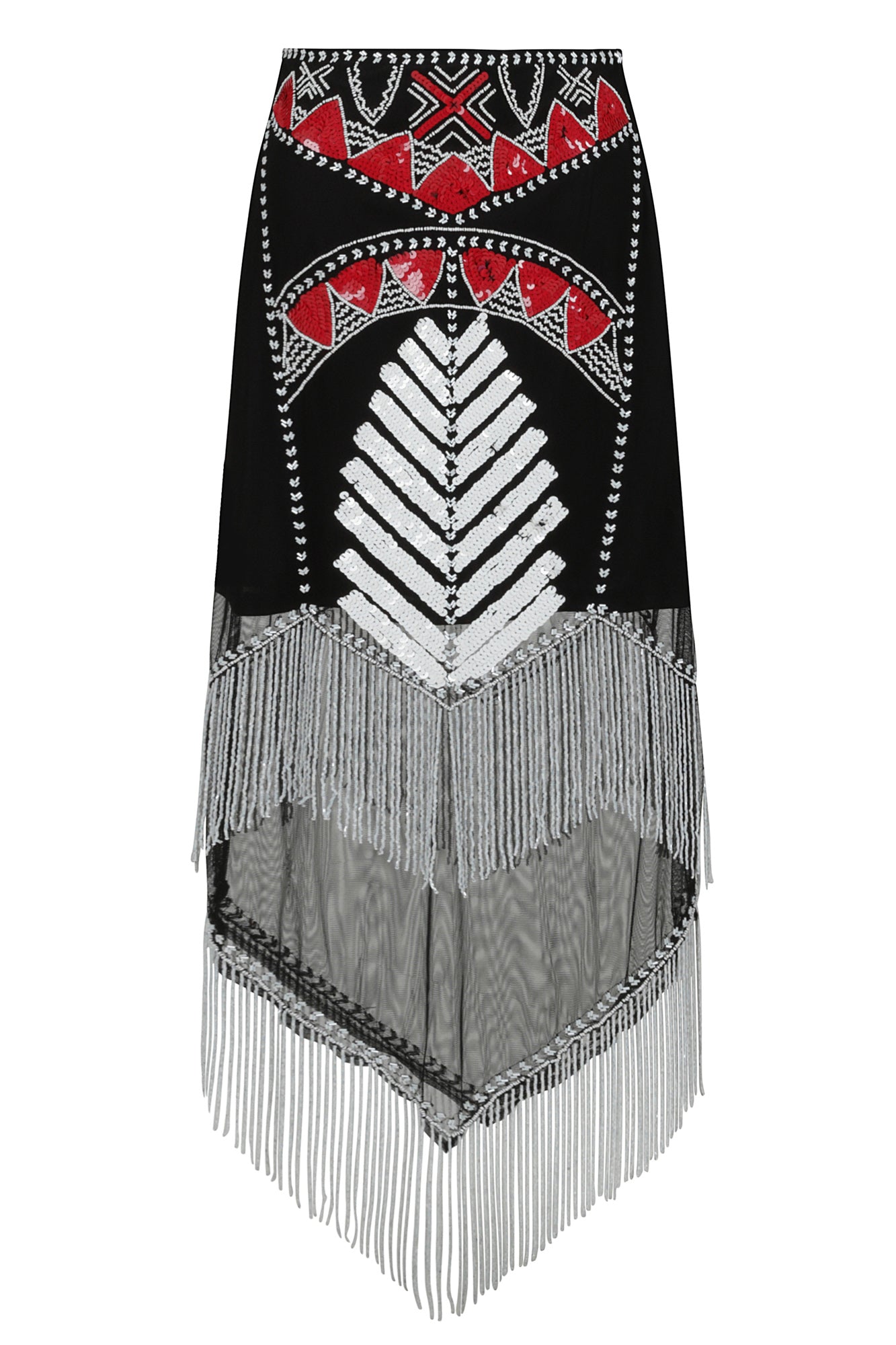 Fringed midi skirt with Western inspired black, red and white design 