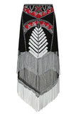 Fringed midi skirt with Western inspired black, red and white design 