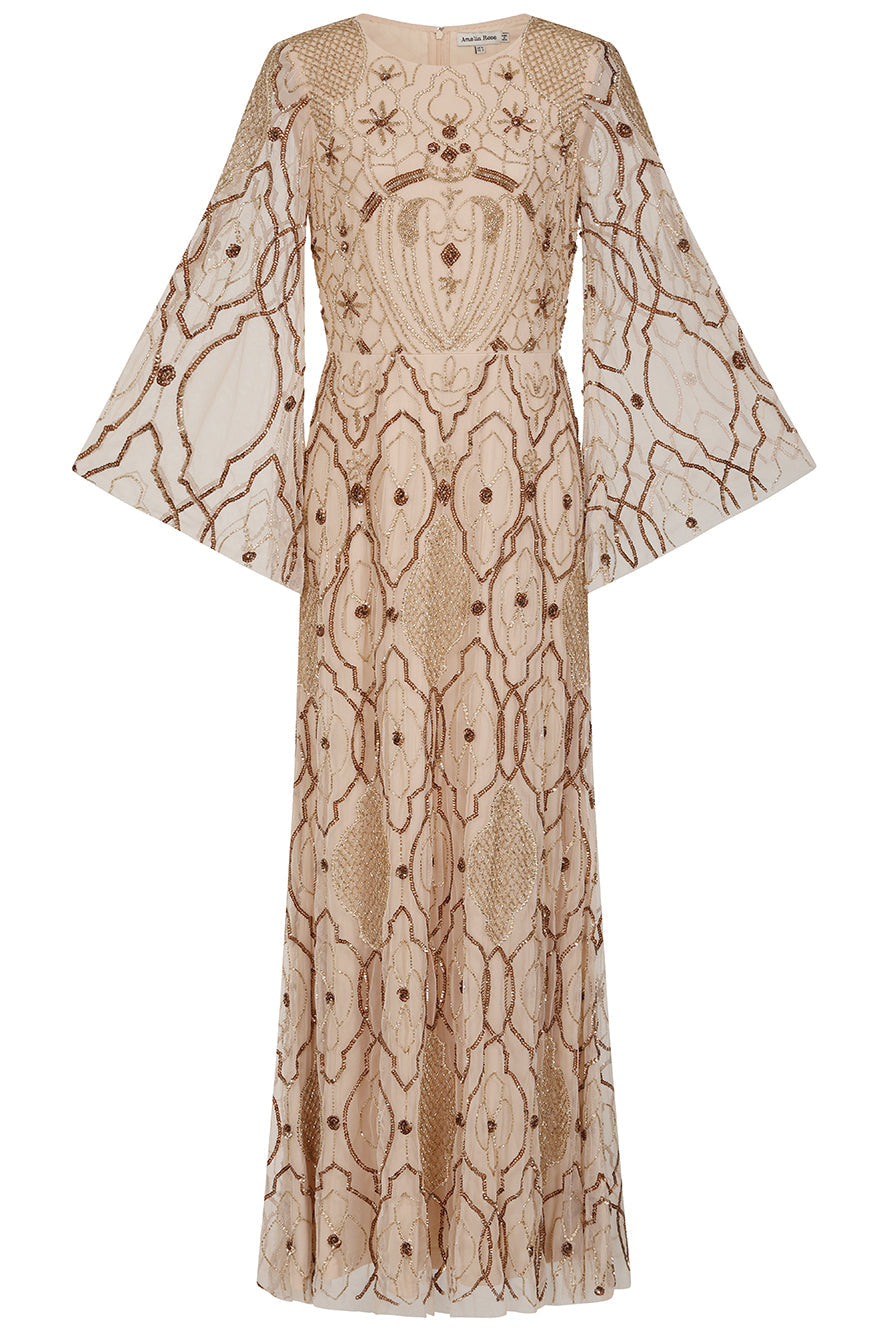 Faith gold embellished maxi dress with intricate beadwork and sheer long sleeves