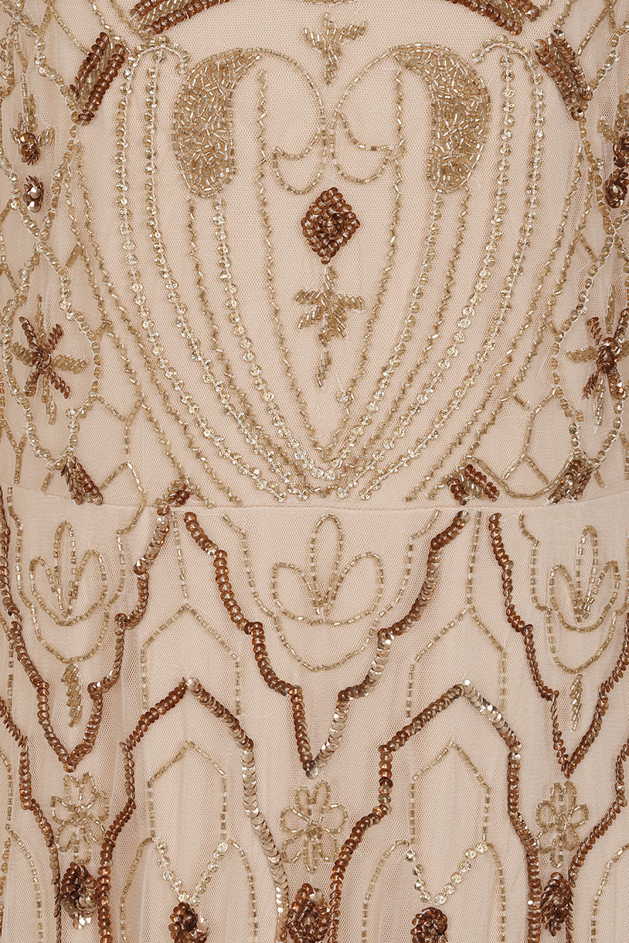 Faith gold embellished maxi dress with intricate beadwork and sheer long sleeves