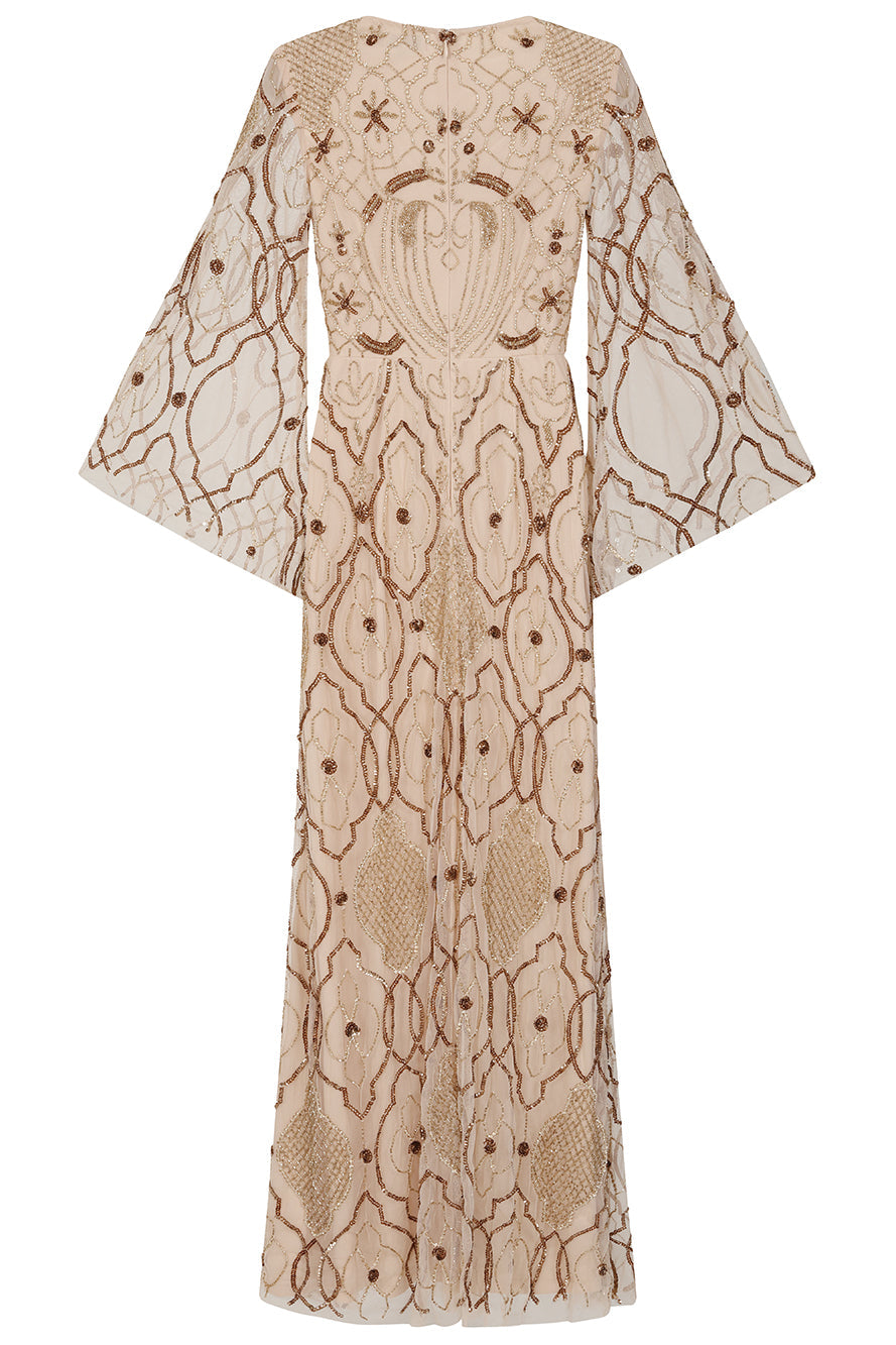 Faith gold embellished maxi dress with intricate beadwork and sheer long sleeves