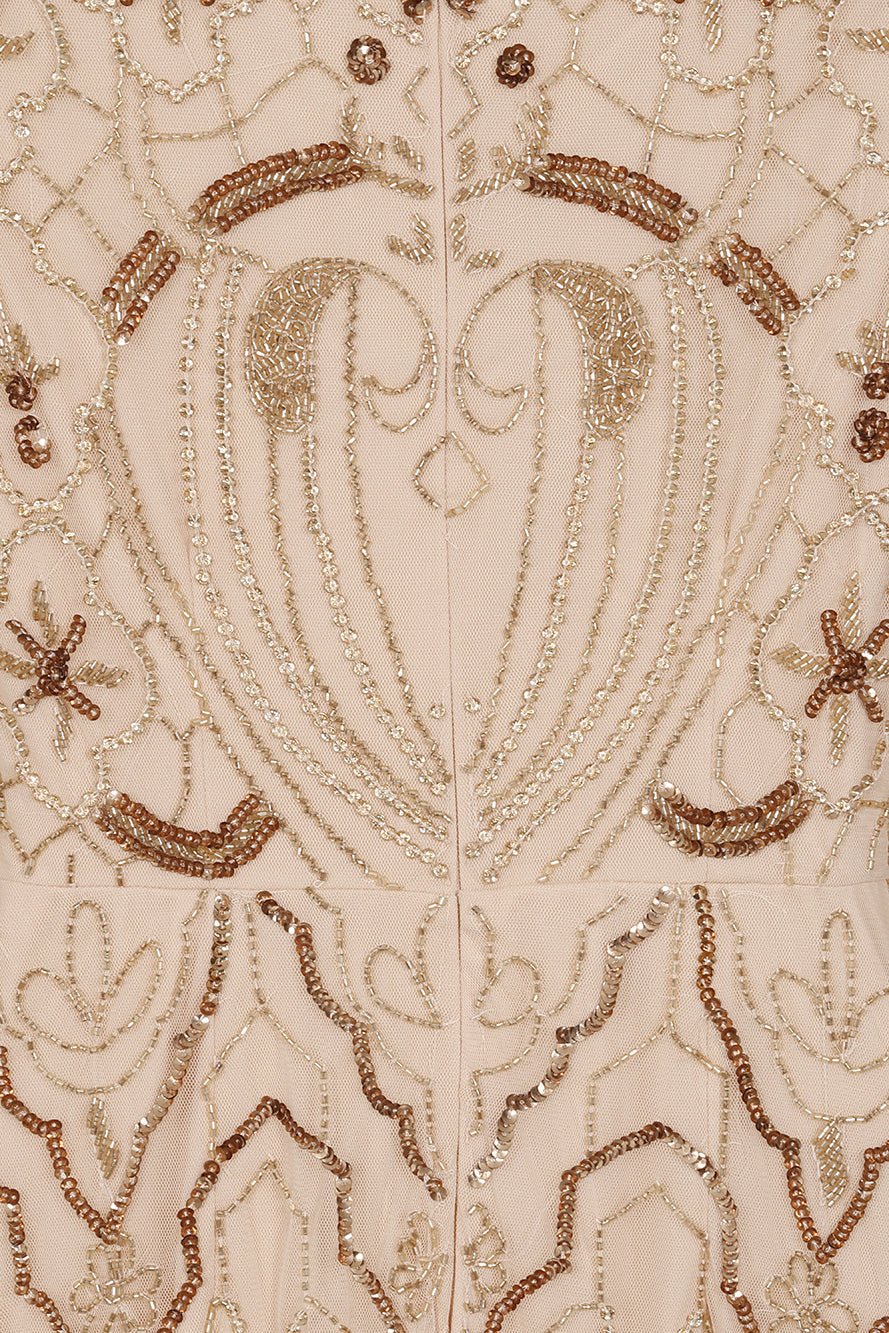 Faith gold embellished maxi dress with intricate beadwork and sheer long sleeves