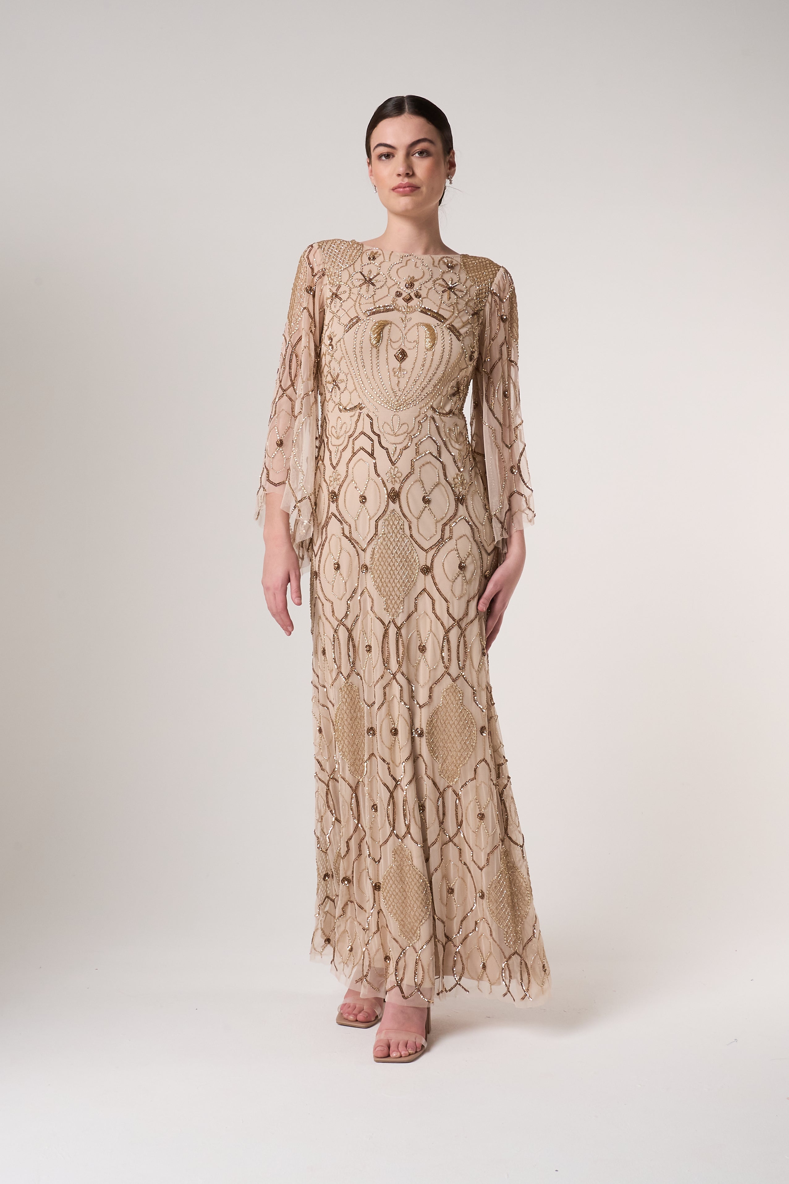 Faith gold embellished maxi dress with intricate beadwork and sheer long sleeves