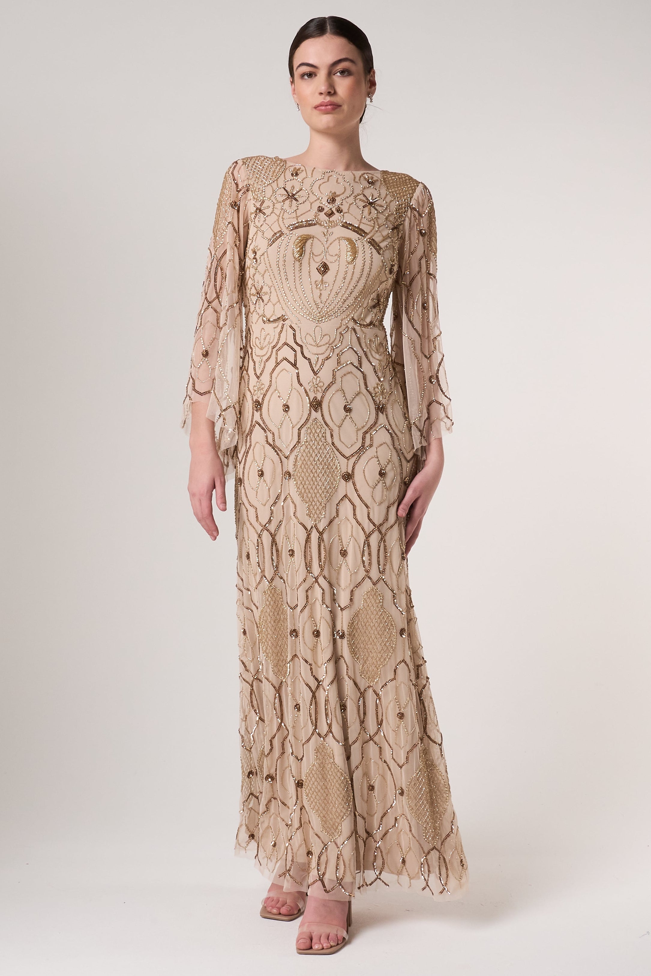 Faith gold embellished maxi dress with intricate beadwork and sheer long sleeves