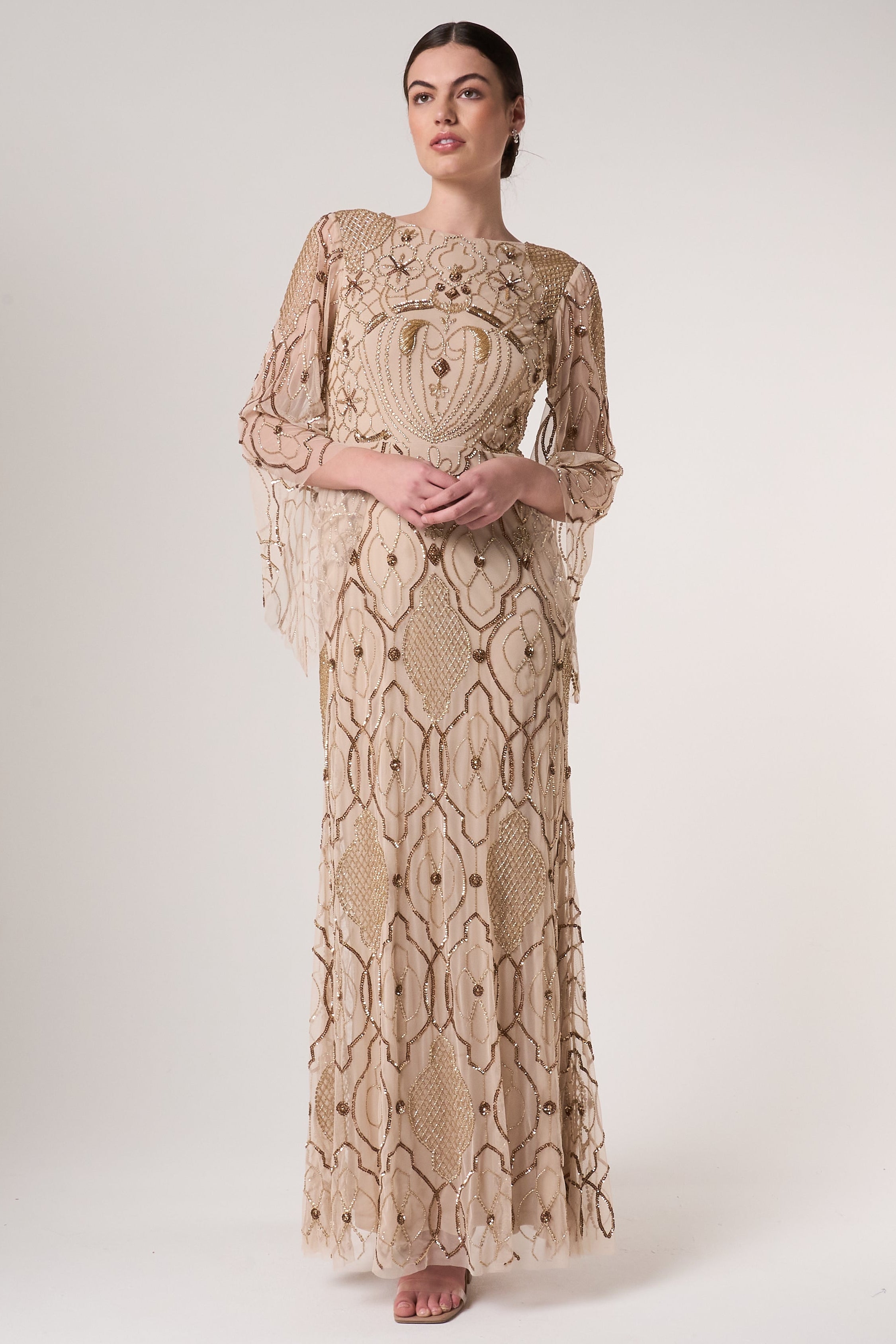 Faith gold embellished maxi dress with intricate beadwork and sheer long sleeves