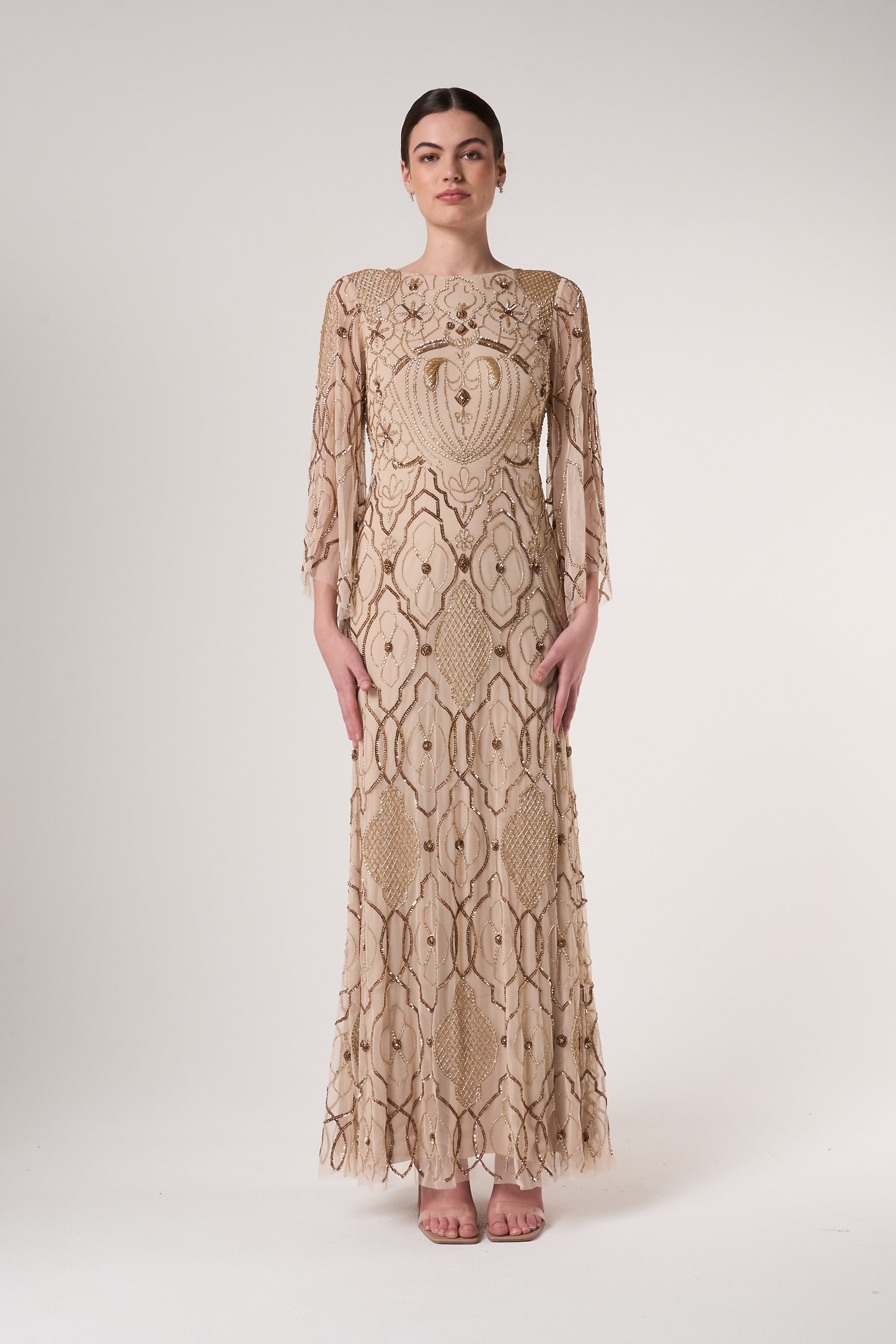 Faith gold embellished maxi dress with intricate beadwork and sheer long sleeves