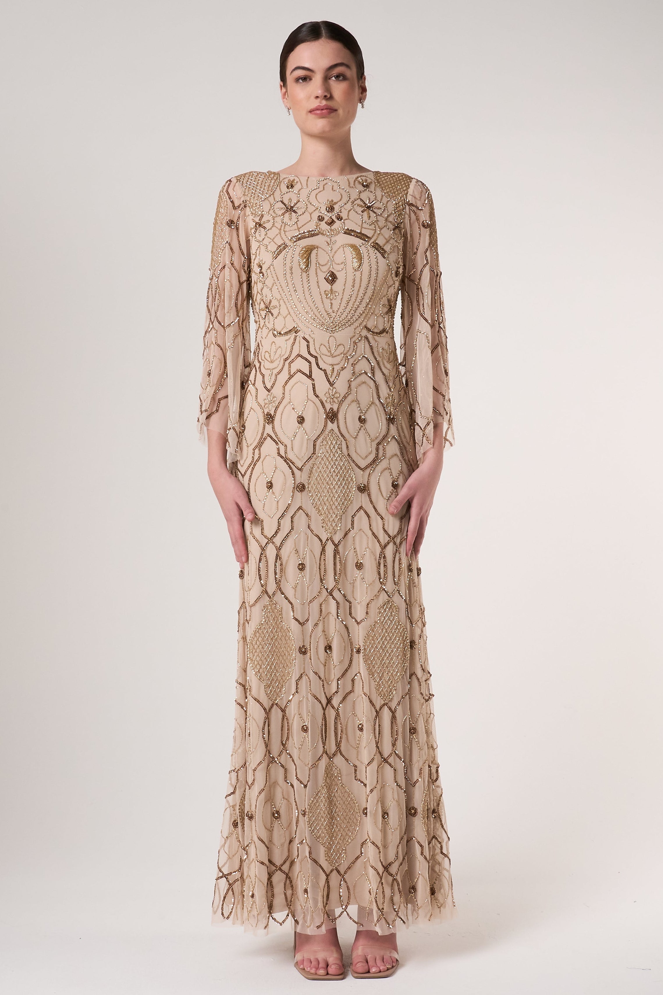 Faith gold embellished maxi dress with intricate beadwork and sheer long sleeves